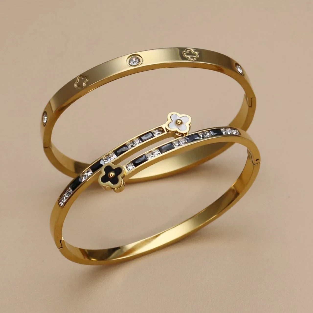 Stainless Steel Bangle Four-leaf Clover Crystal Design Stacking Bracelet Bangle