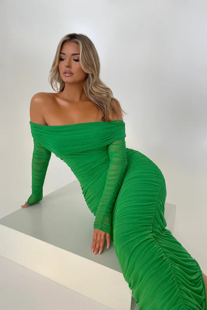 Women Off-shoulder Long Sleeve Sexy Maxi Strapless Backless Bodycon Ruched Party Long Dress