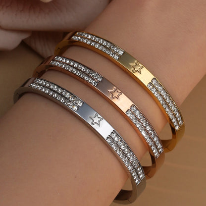 18K Gold Plated Stainless Steel Hollow Star Zircon Bracelet Bangle