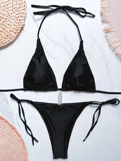 High Cut Halter Brazilian Metallic Satin Women Swimwear Swimsuit Two-pieces Bikini Set