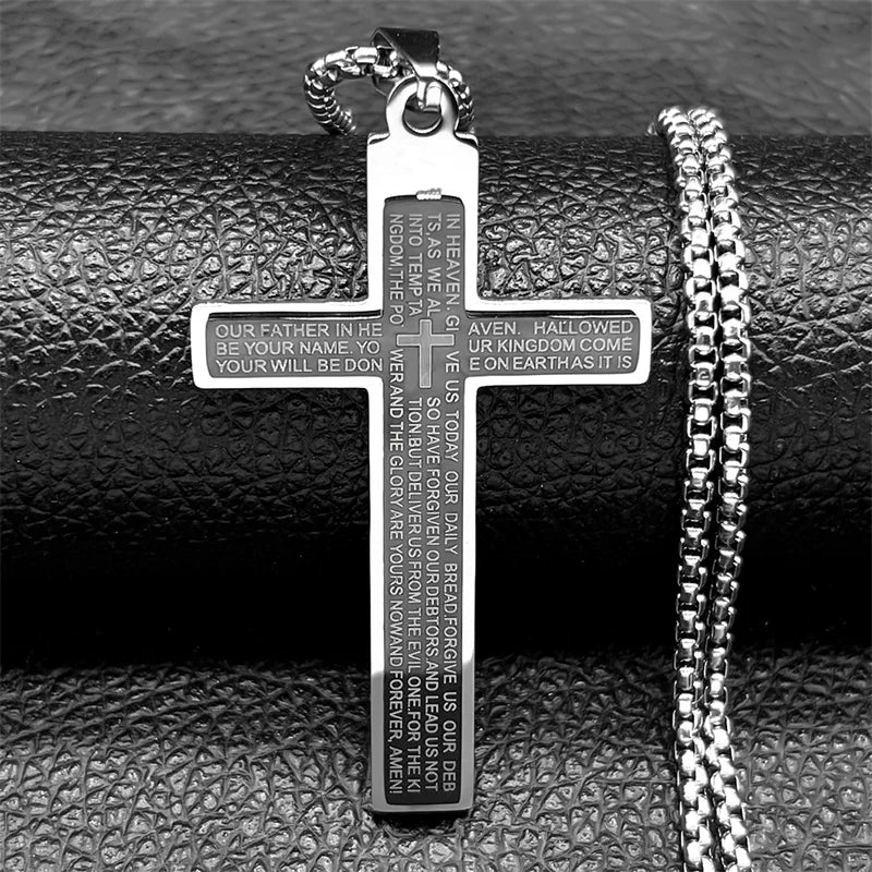 Men Stainless Steel Gold Color Bible Amulet Cross Christian Church Prayer Necklace