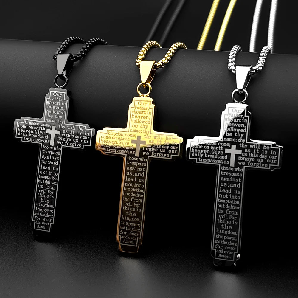 Men Stainless Steel Christian Bible Cross Religious Prayer Chain Big Pendant Necklace