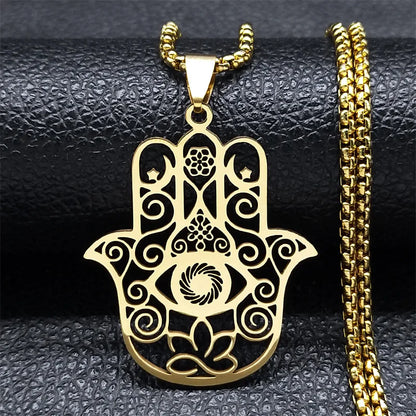 Hollow Fatima Hamsa Stainless Steel Gold Color Luck Hand Palm Blue Turkey Eye Pendants Necklace