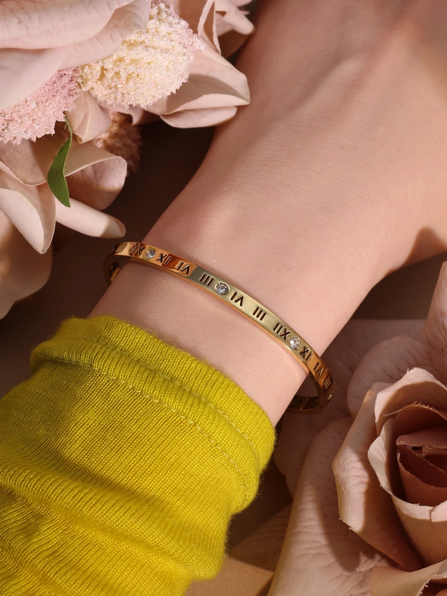 Stainless Steel 18K gold plated Roman Numeral Bracelet Bangles Ring 2-in-1 Jewelry