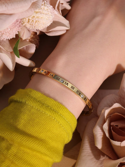 Stainless Steel 18K gold plated Roman Numeral Bracelet Bangles Ring 2-in-1 Jewelry