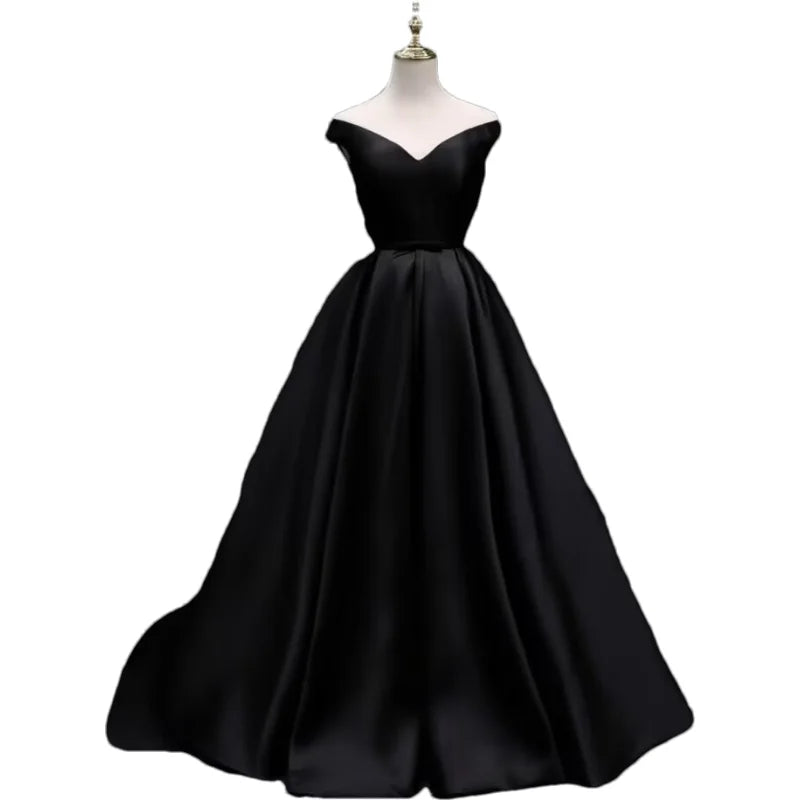 Off-Shoulder A-Line Satin Formal Women Prom Long Evening Party Gown Dress w/ Pockets