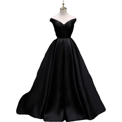Off-Shoulder A-Line Satin Formal Women Prom Long Evening Party Gown Dress w/ Pockets