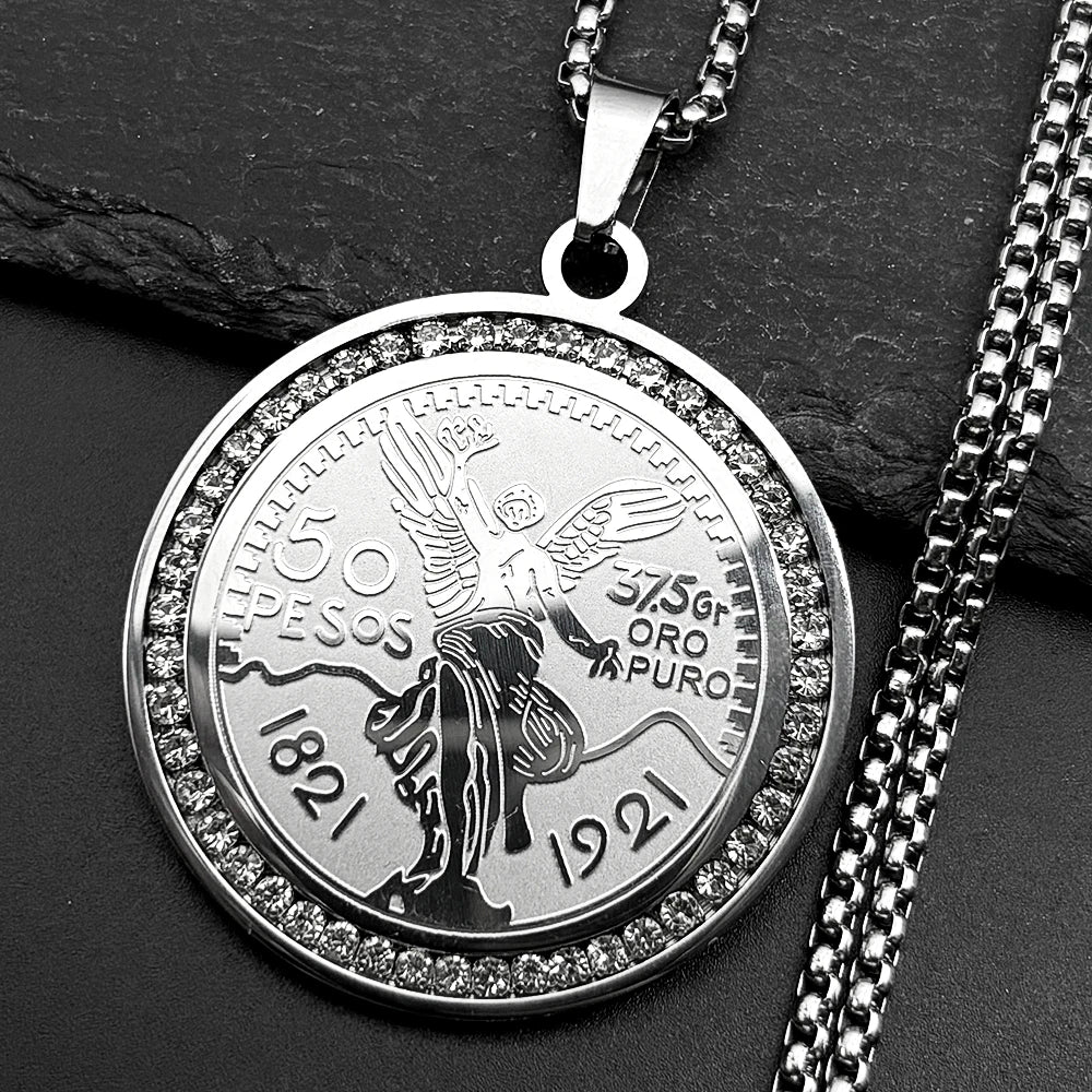 Men Women Stainless Steel Gold Color Winged Victory 1921 Mexican 50 Pesos Rhinestones Amulet Pendant Necklace