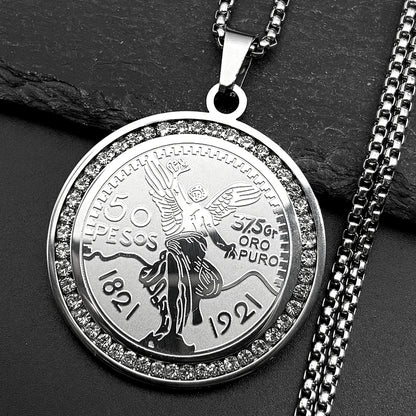 Men Women Stainless Steel Gold Color Winged Victory 1921 Mexican 50 Pesos Rhinestones Amulet Pendant Necklace