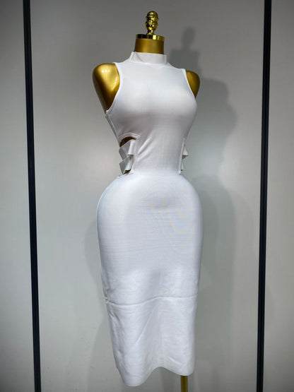 Sexy Turtleneck White Cut Out Midi Bandage Evening Party Prom Birthday Dress