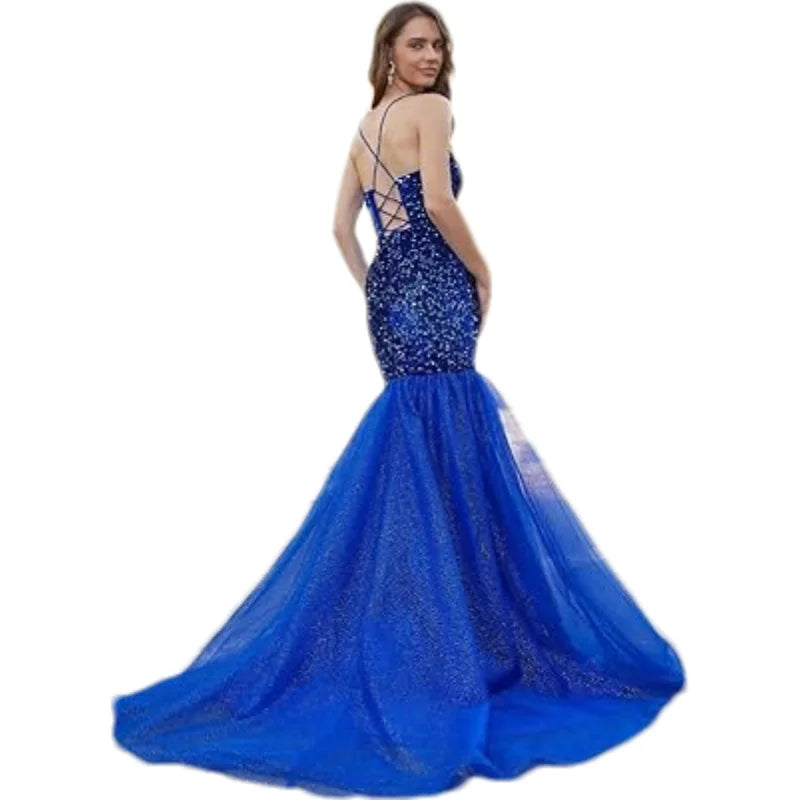 Sparkly Sequin Prom Women Long Tulle Halter Ball Gown Sleeveless Mermaid Formal Evening Party Dress