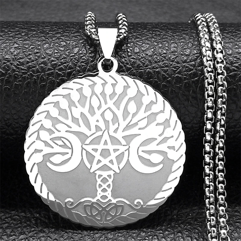 Women Men Stainless Steel Silver Color Amulet Witch Triple Moon Goddess Luna Necklace