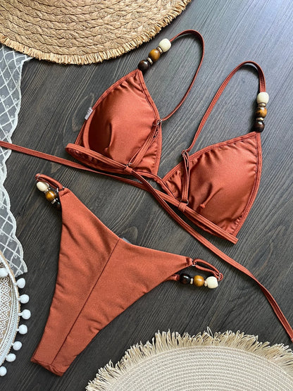Sexy Women Pearls Strap Hole Out Push Up Bra Thong Swimsuit Brazilian Beach Bathing Micro Bikini Suit