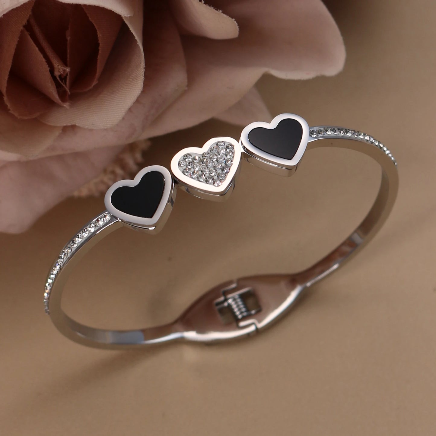 Stainless Steel Double Row Crystals Heart-Shaped Designs Open Clasp Charm Bangle Bracelet