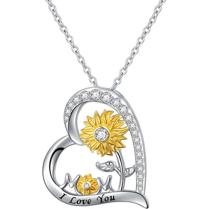 Women Elegant Exquisite Heart Shaped Sunflower "Mom" Pendant Necklace Mother's Day Gift