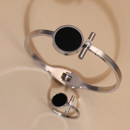 Women 2-In-1Black Acrylic Zirconia Stainless Steel Ring Bangle Bracelet Gifts Set