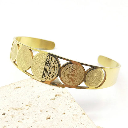 Women Men Stainless Steel Gold Color San Benito Religious Catholic Saint Benedict Adjustable Bracelet