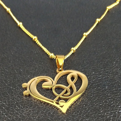Aesthetic Heart Musical Note Stainless Steel Gold Color Chain Necklace