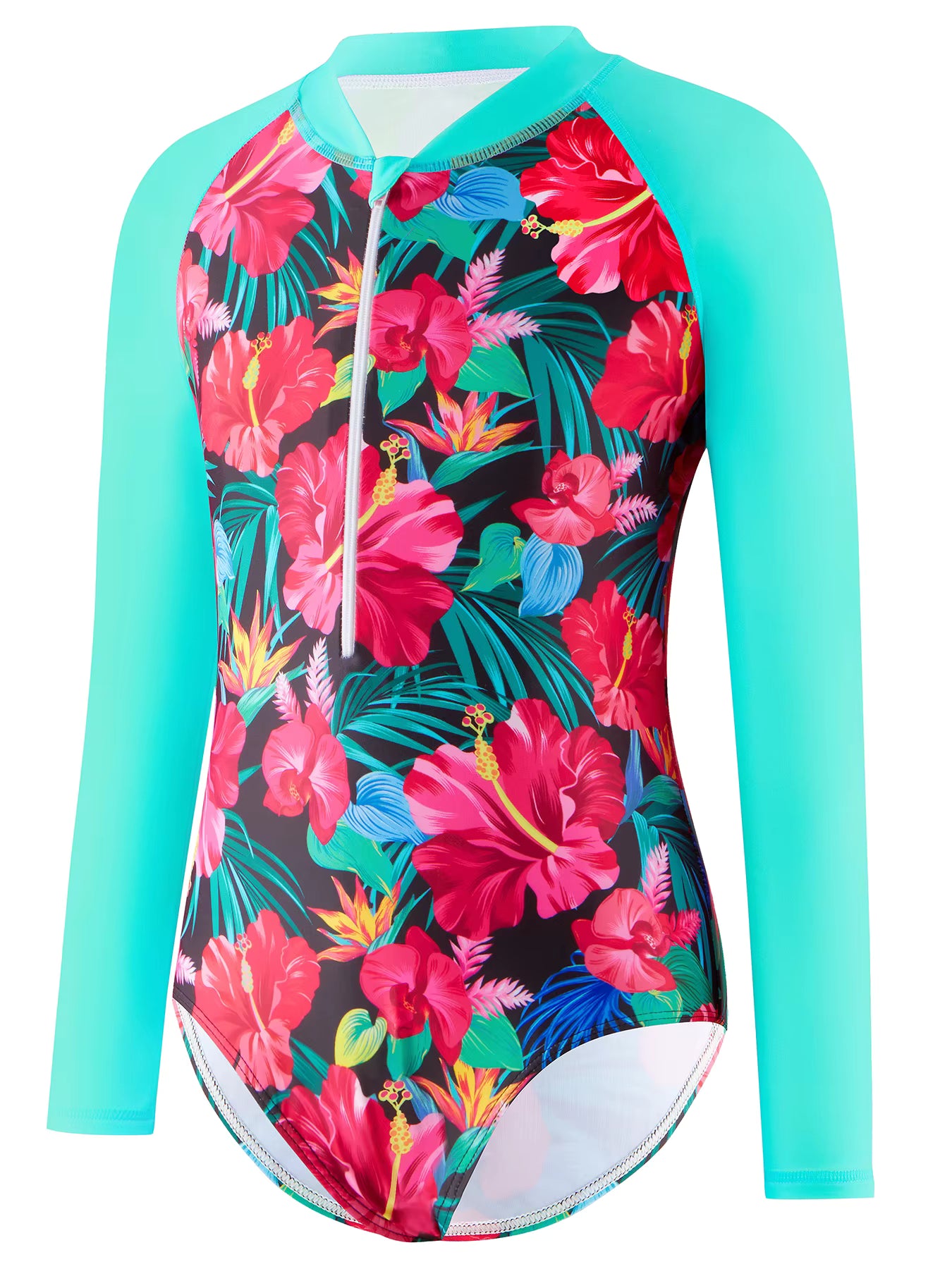 Girls Kids One Piece Long Sleeve Floral Print Bikini Cut Bottom Swimwear Beach Swim