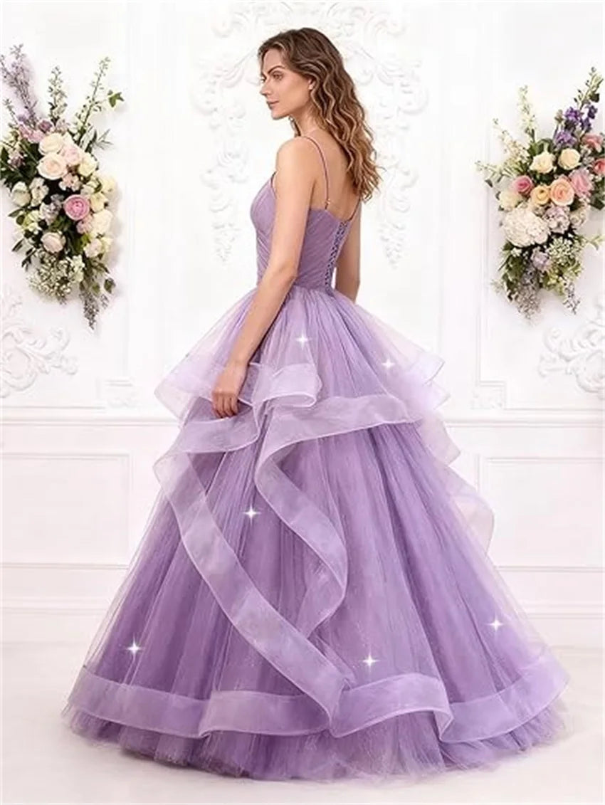 Sparkly Tulle Long Prom Spaghetti Straps Ball Glitter Tulle A-line Formal Evening Party Gown Dress