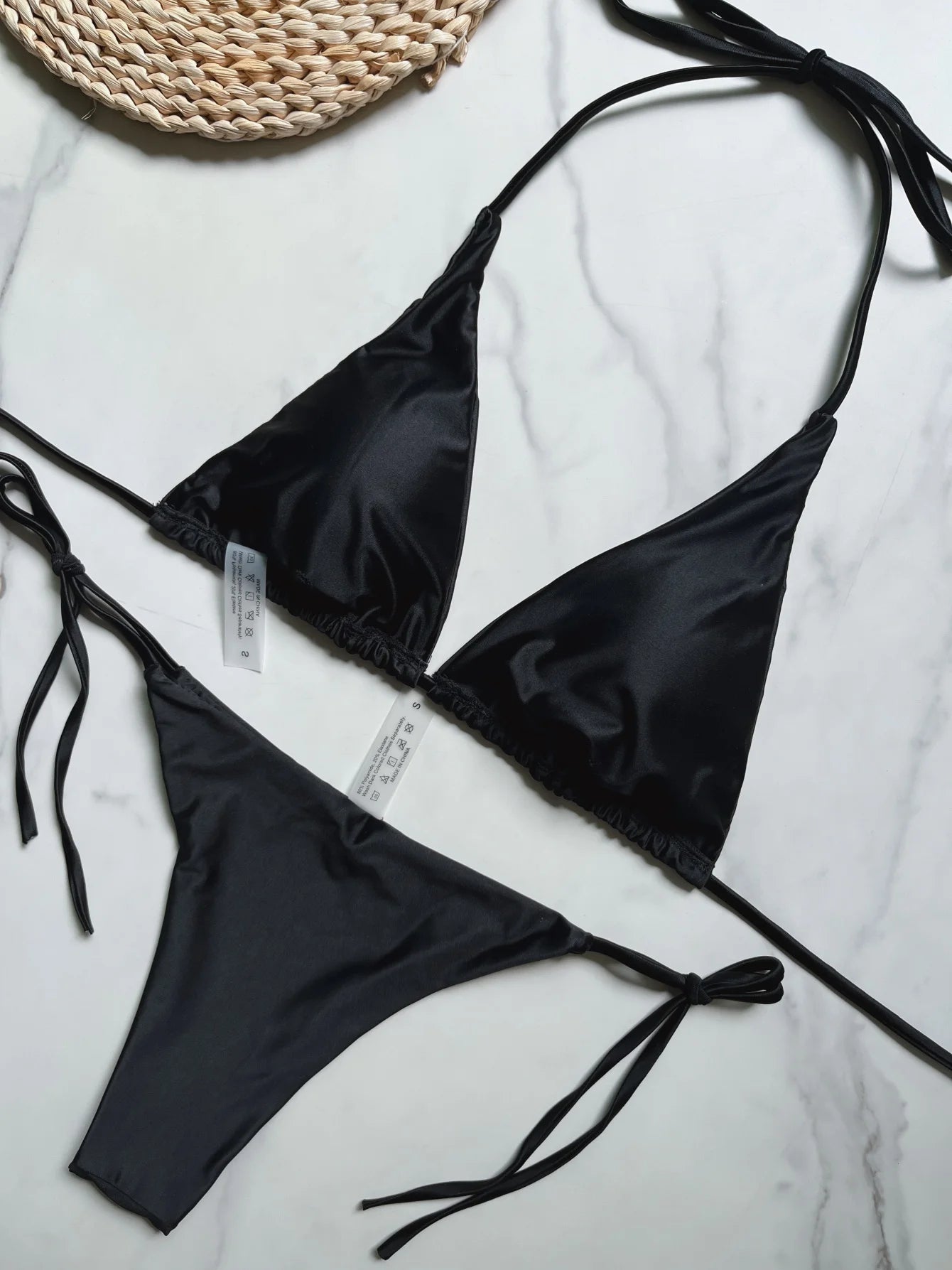 High Cut Halter Brazilian Metallic Satin Women Swimwear Swimsuit Two-pieces Bikini Set
