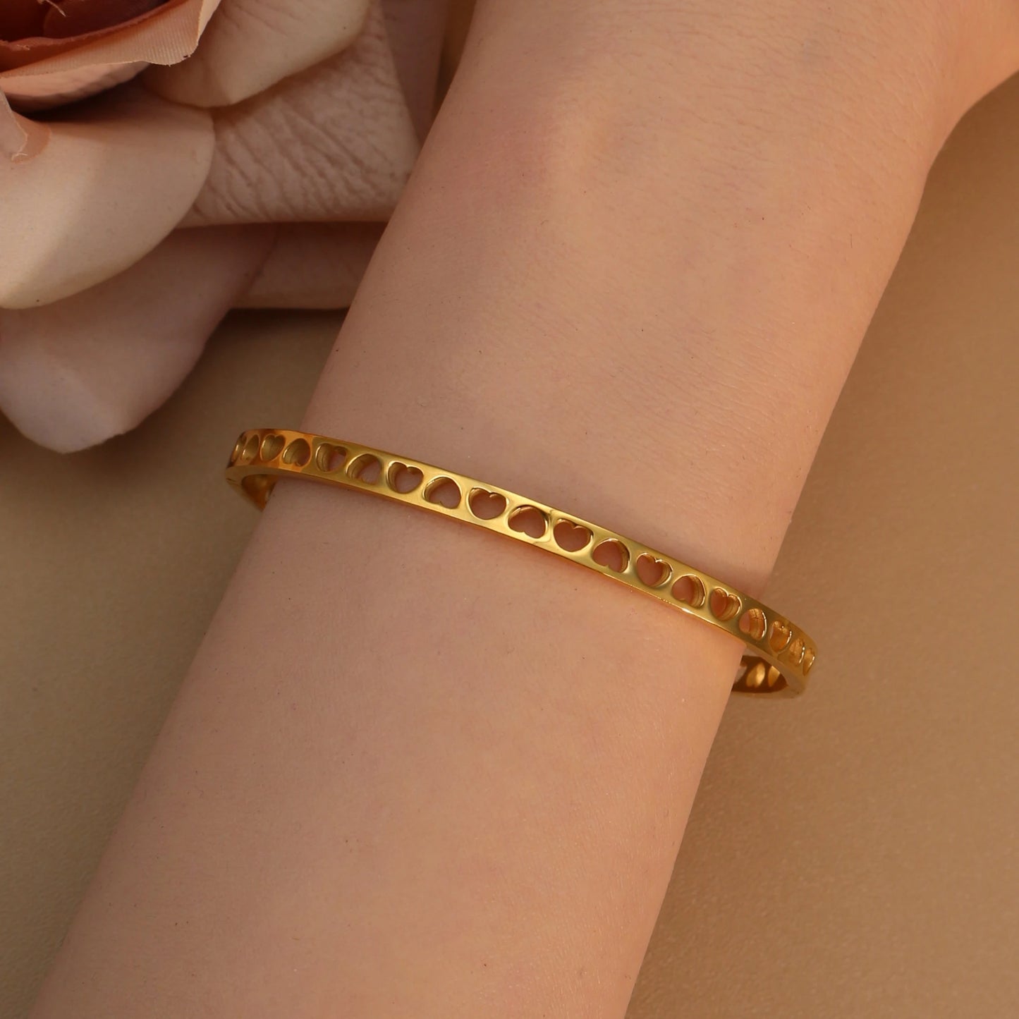 18K Gold-Plated LOVE Stainless Steel Zircon Openwork Bangle Bracelet Women's Jewelry