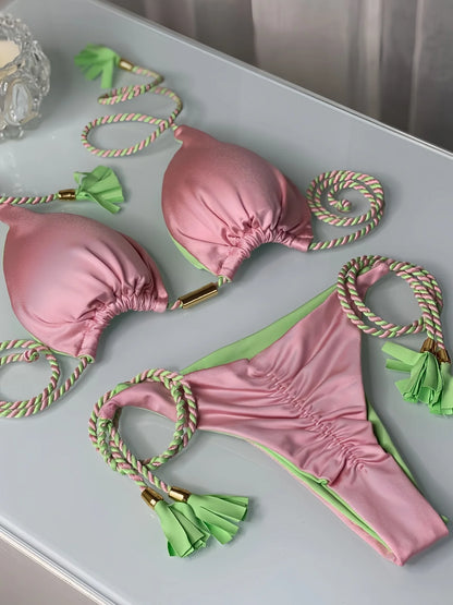 Sexy Beach Women's Swimsuit Braiding Rope Bikini Two-piece Triangle Swimwear Bathing Brazilian Suit