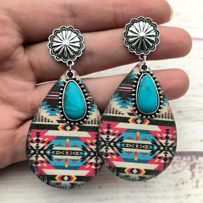 Women Turquoise Teardrop Wooden Aztec Teardrop Earrings