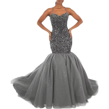Sparkly Sequin Prom Women Long Tulle Halter Ball Gown Sleeveless Mermaid Formal Evening Party Dress