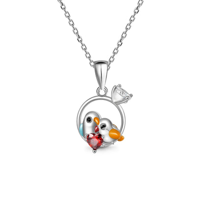 Women Fashion Cartoon Couple Bird Heart Shape Red Crystal Pendant Necklace Romantic Love Gifts