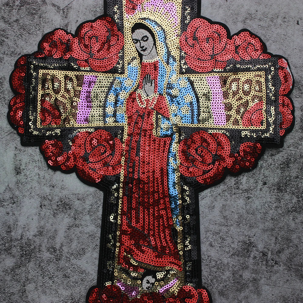 Large Sequins cross rose Blessed Virgin Mary Goddess Embroidery Patches for Clothes DIY sew Stripes Applique