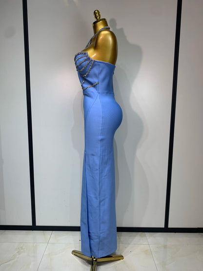 Sexy Halter Long Bandage Shiny Crystal Backless Evening Party Birthday Dress