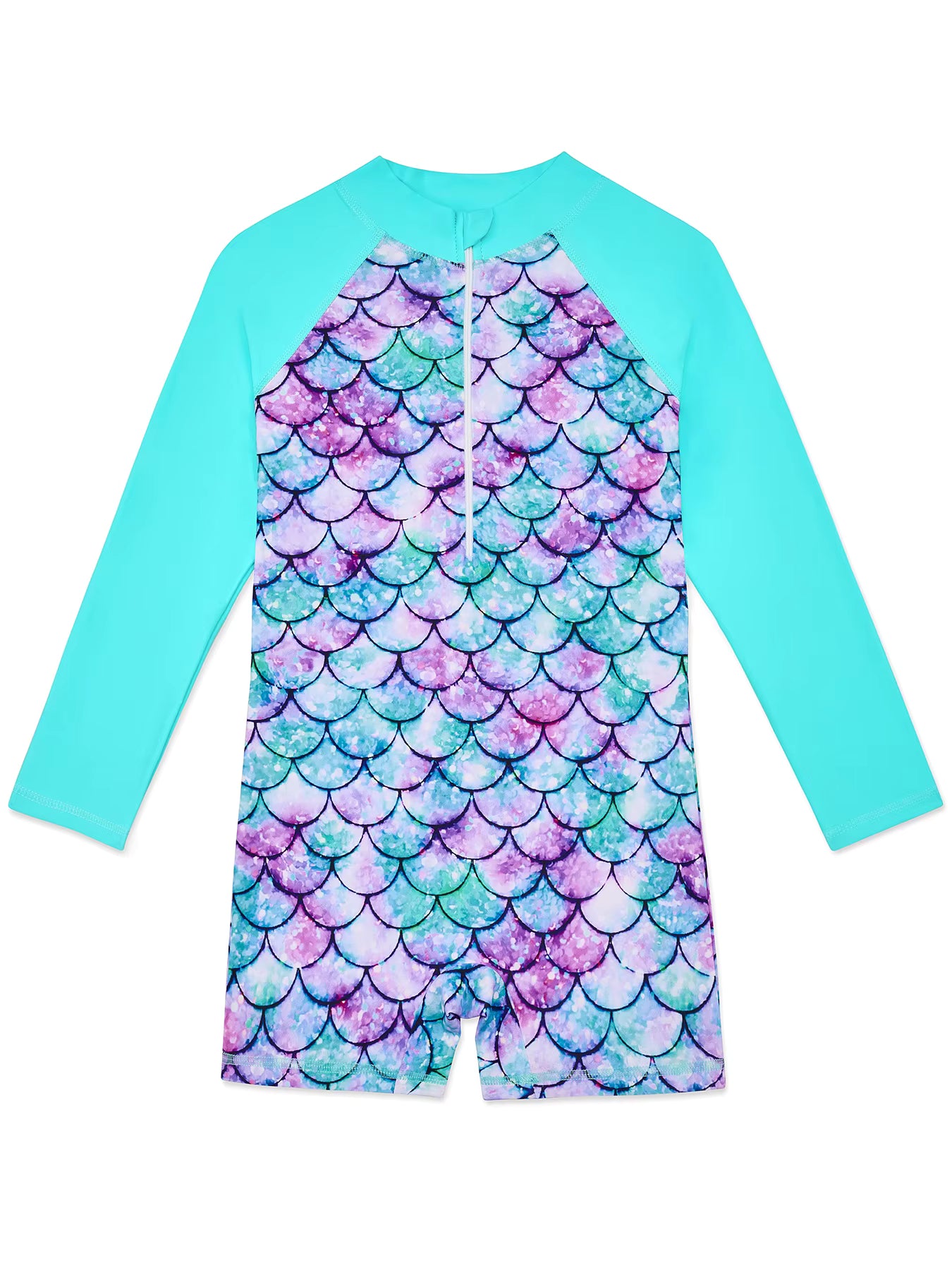 Kids Girls Long Raglan Sleeve Scale Print Zipper Boyleg Shorts Swimwear Beach Swimsuit