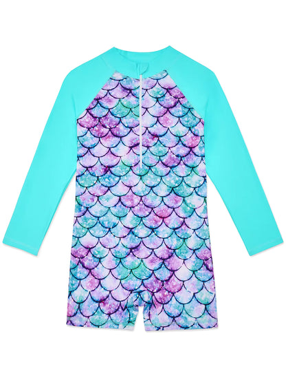 Kids Girls Long Raglan Sleeve Scale Print Zipper Boyleg Shorts Swimwear Beach Swimsuit