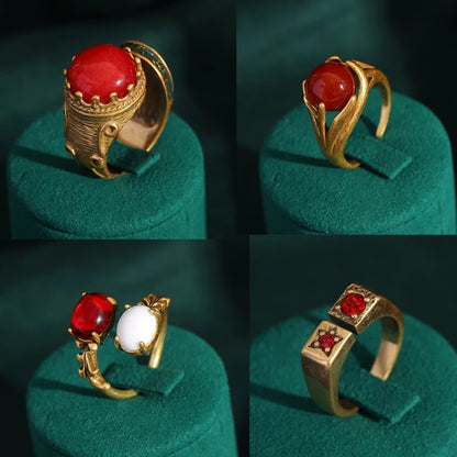 Women Red Oval Round Natural Stone Vintage Open Engagement Rings