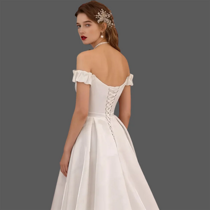 Elegant White Long Off The Shoulder Satin A-line Slit Bridal Gown Lace Up Wedding Dress