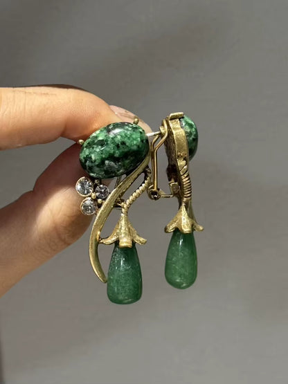 Antique Moss Green Natural Stone Flower Rhinestones Vintage Long Water Drop Earrings
