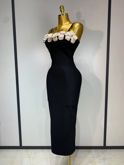 Sexy Spaghetti Strap Lace Midi Bandage Elegant Celebrity Evening Party Birthday Black Sleeveless Dress
