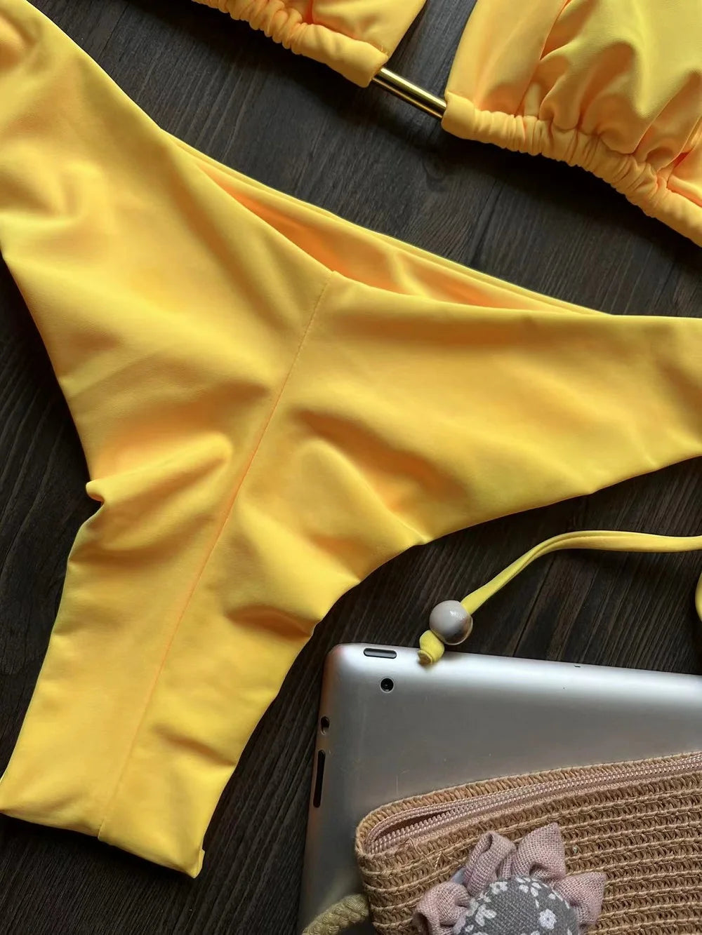Solid Color Bikini Swimsuit Hanging Neck Rope Split Swimsuit 2-piece Beachwear Suit