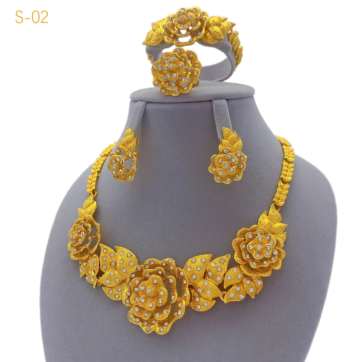 Women Wedding Dubai African Indian Flower Gold Plated Necklace Jewelry Sets