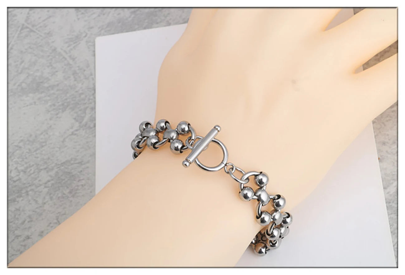 Men Women Fashion Hip-Hop Stainless-Steel Buckle Ball Beads Bracelet