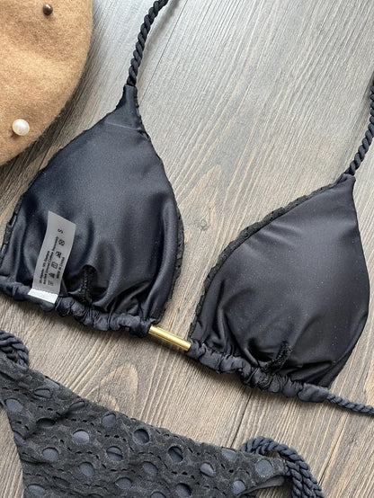 Women's two-piece set w/ push up hanging neck solid color bikini beach swimsuit