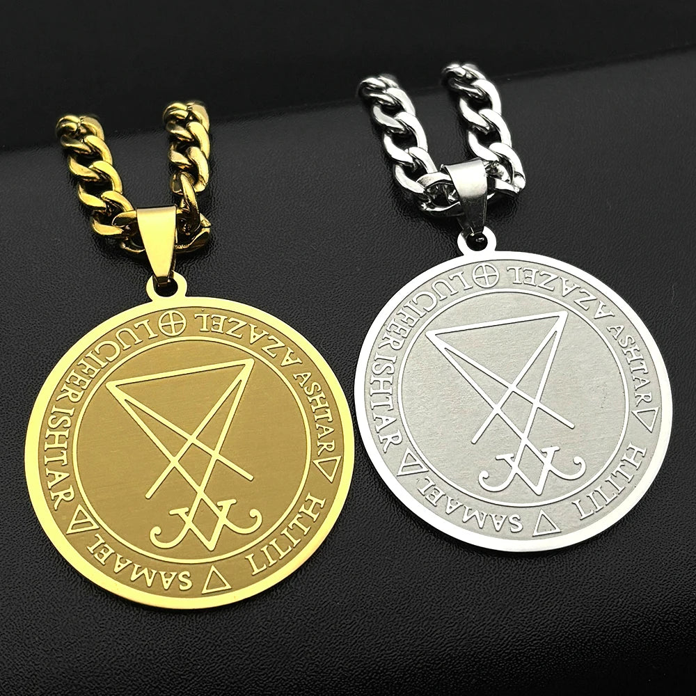 Women Men Seal of Lucifer Azazel Lilith Samael Devil Symbol Church of Satan Stainless Steel Necklace