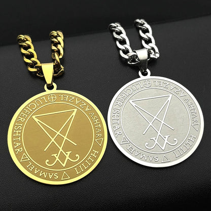 Women Men Seal of Lucifer Azazel Lilith Samael Devil Symbol Church of Satan Stainless Steel Necklace