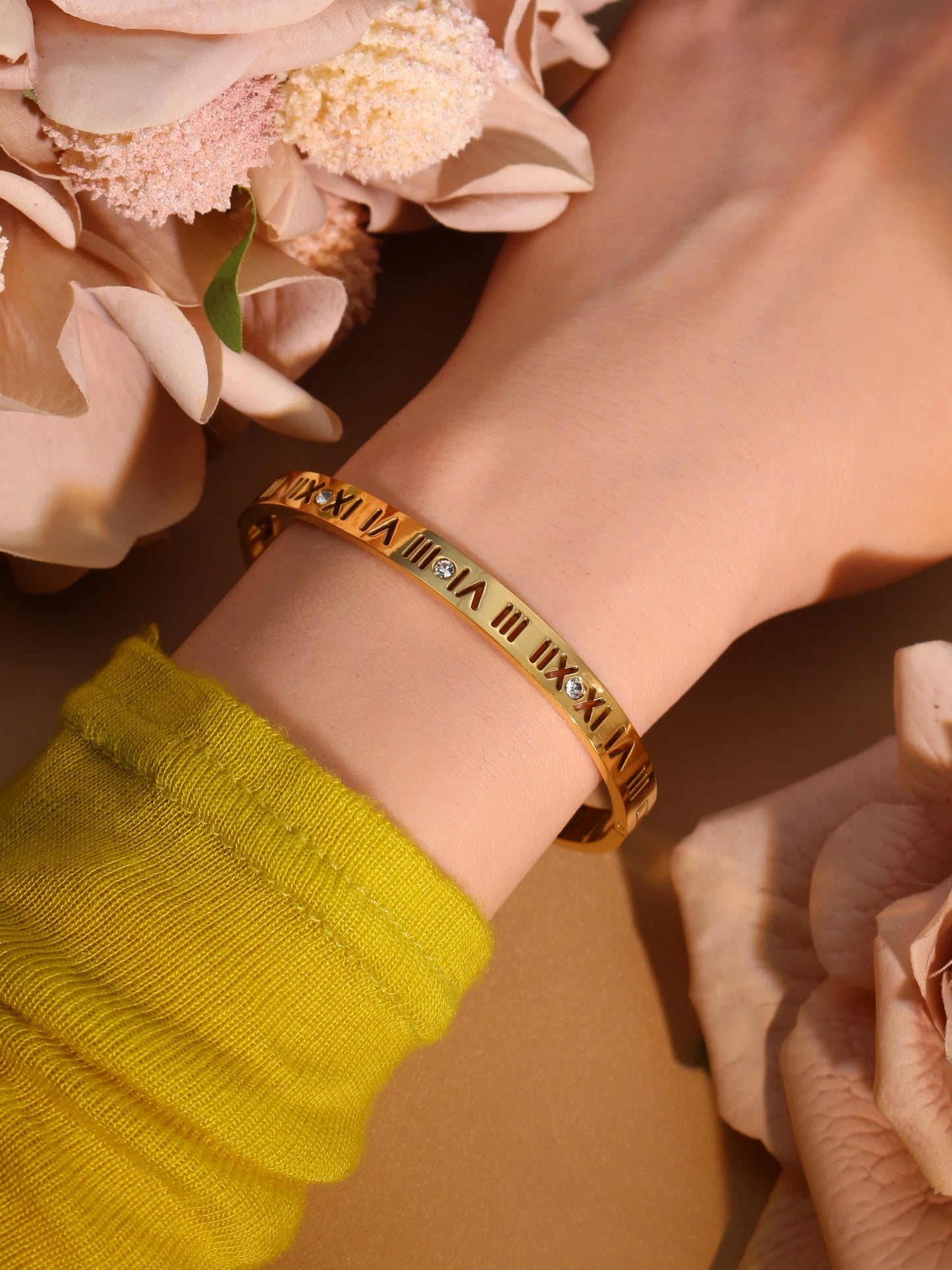 Stainless Steel 18K gold plated Roman Numeral Bracelet Bangles Ring 2-in-1 Jewelry