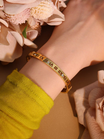 Stainless Steel 18K gold plated Roman Numeral Bracelet Bangles Ring 2-in-1 Jewelry