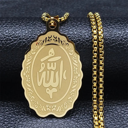 Men Gold Color Stainless Steel Statement Muslim Islamic Quran Allah Chain Necklace