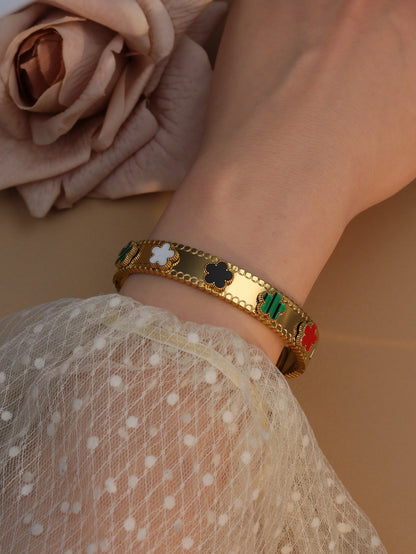 Women Acrylic Flower Shape Stainless Steel 18k Gold Color Bracelet Bangles