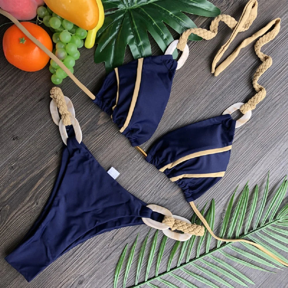 women Halter micro bikini ring Weave triangle swimsuit Brazilian bathing two pieces suit