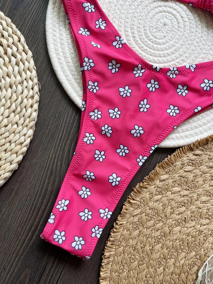 Sexy Flowers Printed Halter High Leg Cut Swimsuit Swimwear Two-pieces Bikini Bathing Suit